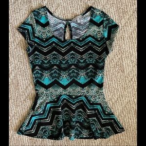 Charlotte Russe Black and Blue Patterned Peplum Top